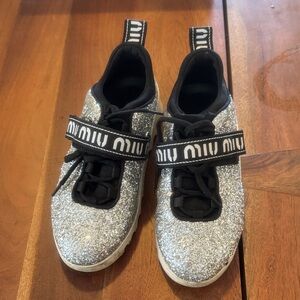 Miu Miu Woman Black and Silver Glitter Sneakers